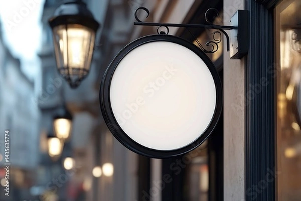 Obraz 3D rendering of a blank white round hanging sign mockup on a wall outside, close-up. Outdoor shop street light, city store advertising mock-up. Black frame. 