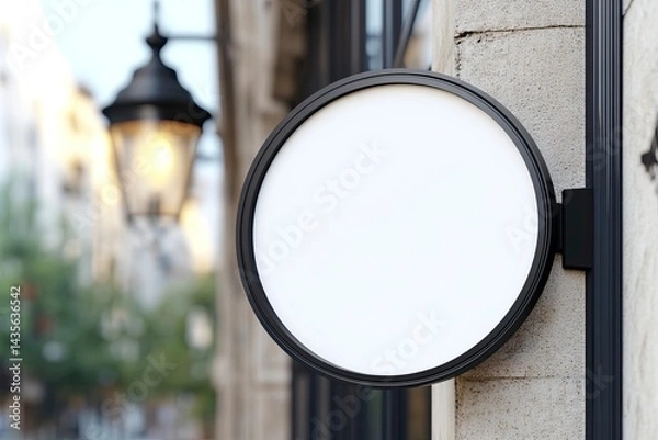 Obraz 3D rendering of a blank white round hanging sign mockup on a wall outside, close-up. Outdoor shop street light, city store advertising mock-up. Black frame. 