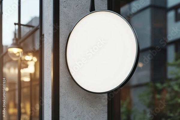 Obraz 3D rendering of a blank white round hanging sign mockup on a wall outside, close-up. Outdoor shop street light, city store advertising mock-up. Black frame. 