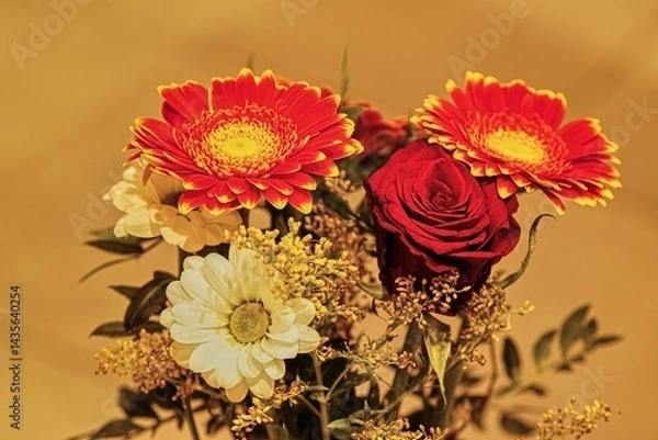 Obraz Blumenstrauß mit roten Gerbera - Rosen u. Dahlie