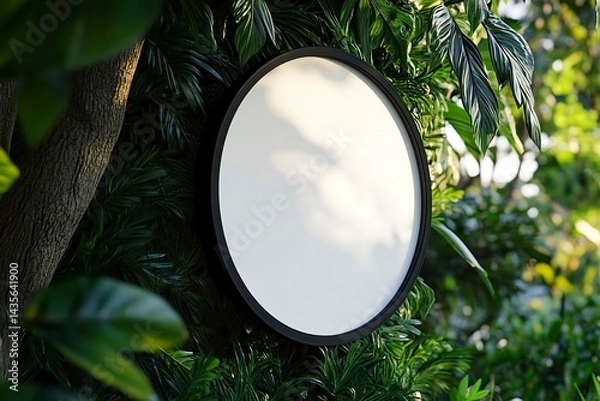 Obraz 3D rendering of a blank white round wall sign mockup hanging on the side with a black frame, close-up. Isolated scene, outdoors on a summer day. Design template for advertising and branding concepts. 