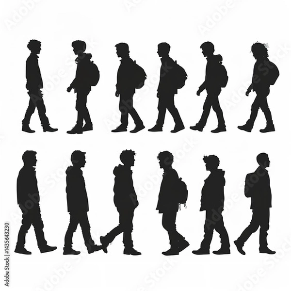 Fototapeta Silhouette people walking vector illustration group of men and boys in various poses for design elements on transparent background