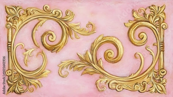 Fototapeta Gold swirls with pink background, and ornate frame.