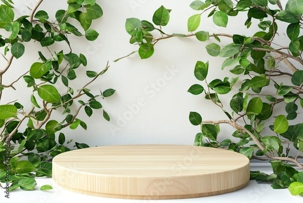 Obraz 3D rendering of a wooden podium with a white background and green leaves. A mockup for product presentation, a summer concept. Minimal scene design, a mock-up. 