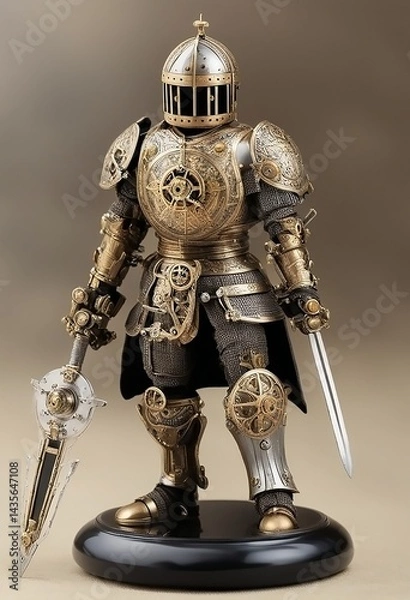 Fototapeta Mechanical warrior figure with gear-powered core, moving parts, and steampunk aesthetics