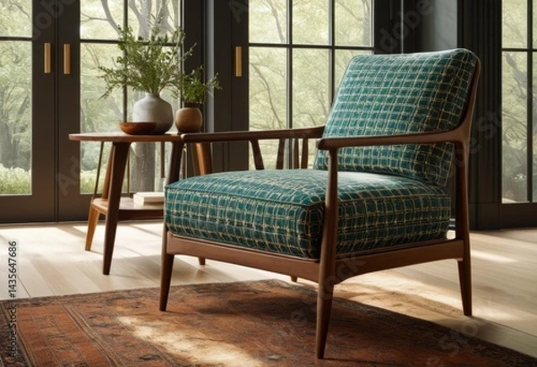 Fototapeta Chair with upholstered seats in blue and green Room with table and vase