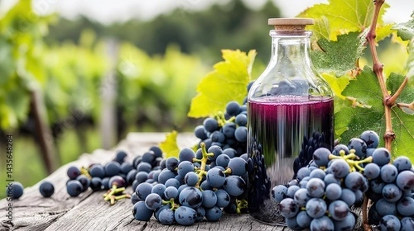 Fototapeta Grapes harvesting process in vineyard bottled juice showcase natural setting close-up view culinary delight