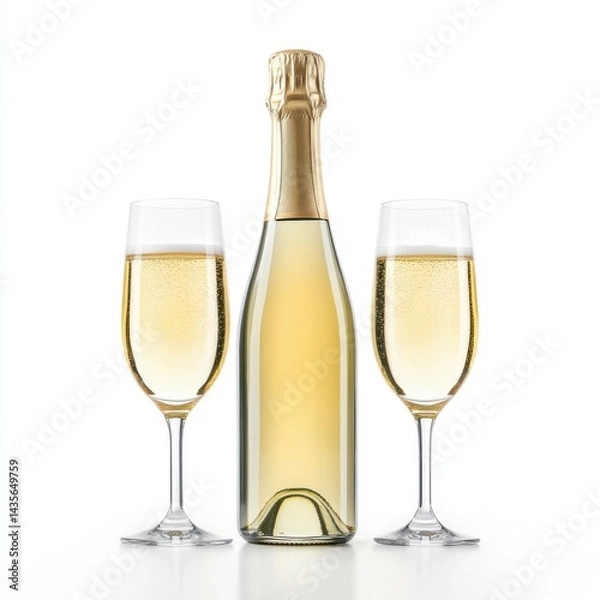 Obraz Golden champagne bottle and glasses ready for New Year's toast, isolated on white background, festive elegance