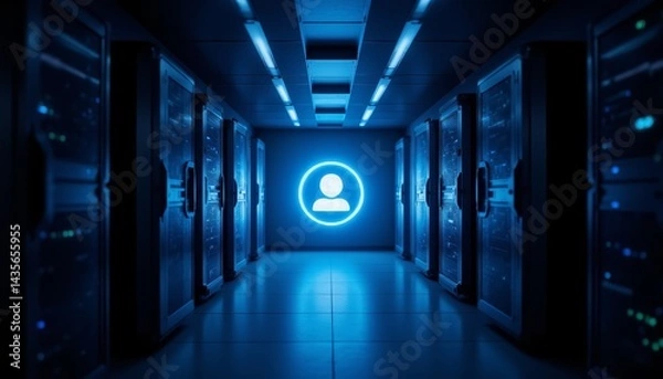 Fototapeta Futuristic blue illuminated hallway, a stunning display of modern architecture and design