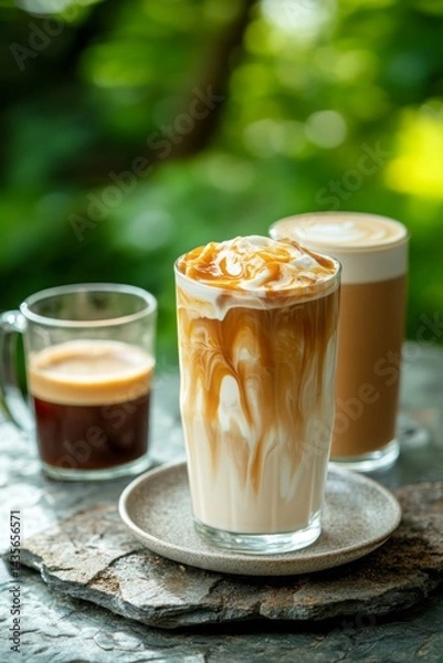 Fototapeta Iced coffee drinks on a stone table against a green background  
