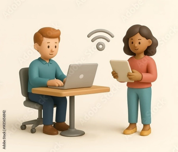 Obraz Hybrid Work And Smart Working Concept In 3D Illustration - Generative AI