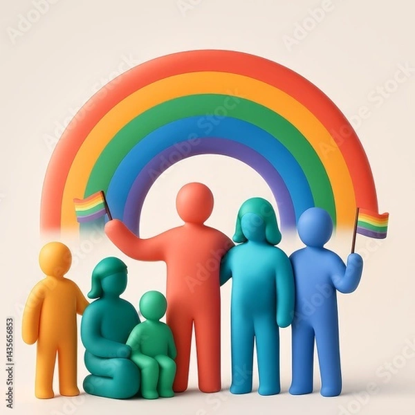 Obraz A 3D-rendered digital illustration symbolizing LGBTQ+ Rights.
Stylized human figures of different colors stand together proudly, some holding small rainbow flags - Generative AI