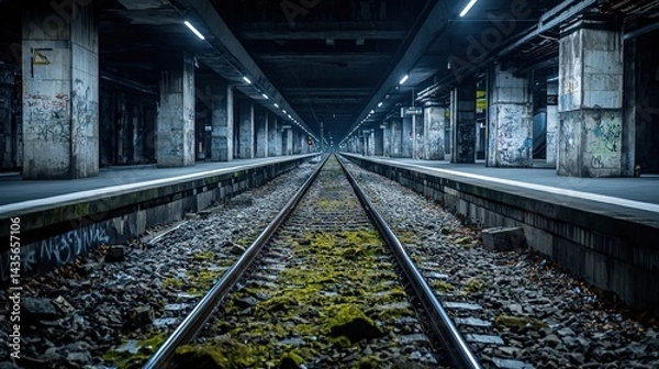 Fototapeta Train tracks at abandoned subway station urban exploration photography dimly lit environment perspective focus on rails
