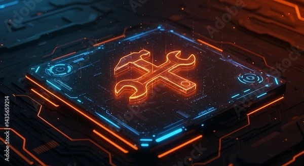 Fototapeta Glow Hammer and Wrench Tools on Futuristic Motherboard Technology