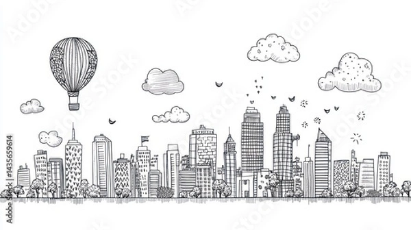 Obraz Hand-drawn city skyline with hot air balloon. Background of simple urban cityscape. Possible use for children's book or educational material.