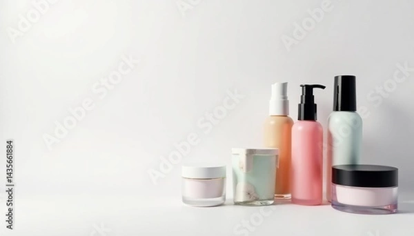 Fototapeta Various cosmetic containers on white backdrop, beauty, container