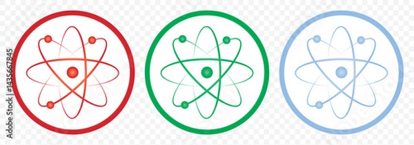 Obraz Colored atom icon. Vector illustration. Atom icon and Atom ways Set of 3. Atom icon in flat design. Set molecule symbol or atom symbol isolated on Transparent Background. EPS 10.