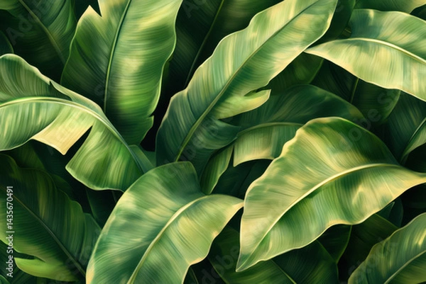 Fototapeta Bunch of green banana leaves in tropical garden, vibrant and lush, under sunny skies with shadows creating a natural pattern on the ground.