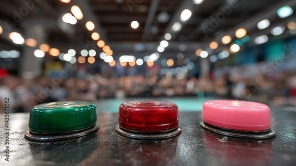 Obraz Three Colored Game Show Buzzers on Table with Blurred People in Background – Contest Concept with Red, Green, and Blue Buttons
