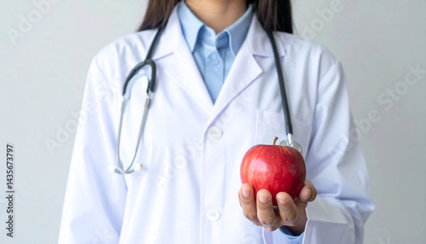 Fototapeta A doctor holding a fresh apple in the hands with the statement that one apple a day keeps the doctor away