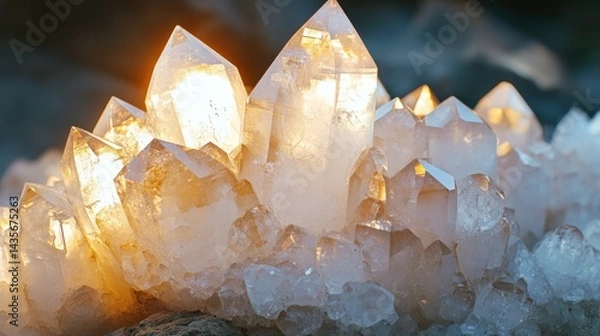 Obraz Illuminated cluster of quartz crystals showcasing translucent, pointed formations and warm light.