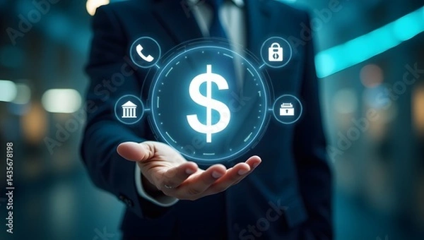 Fototapeta Businessman Holding a Glowing Dollar Sign with Banking and Security Icons in a Modern Financial Concept