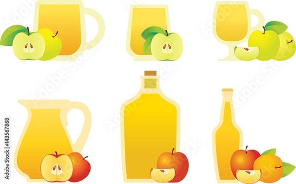 Fototapeta Apple cider in a different bowl with apples and leaves. Icons set for advertising, menu, restaurant, cafe