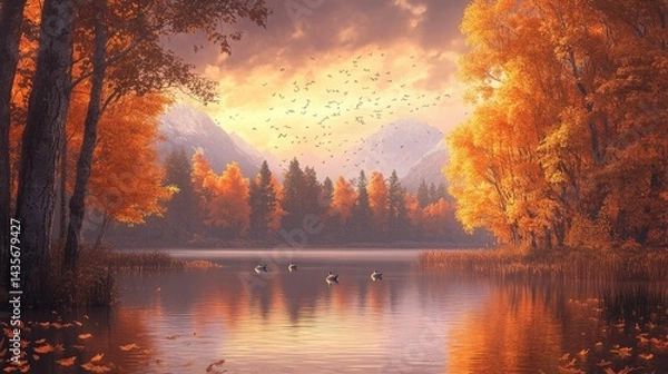 Obraz Autumn lake scene; golden trees, birds flying, calm water.