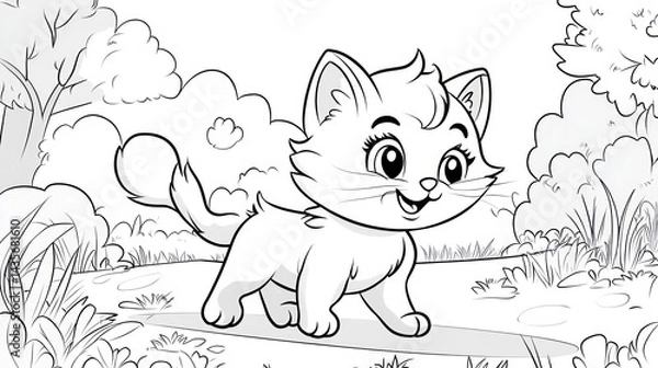 Fototapeta Cute cartoon kitten in a forest scene, perfect for coloring book