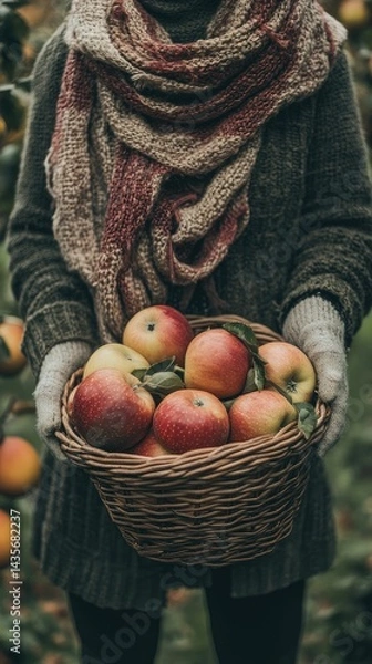 Fototapeta Person holding basket of apples, autumn attire.