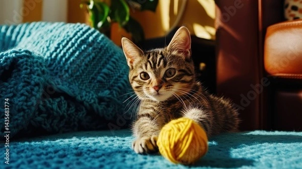Obraz Kitten plays with yarn on teal blanket.
