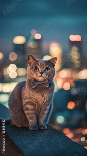 Obraz "A portrait of a Scottish Fold cat wearing a bowtie, with a blurred city skyline background --ar 9:16 --v 6.1 Job ID: 0d50c6ad-0242-4960-8b8b-1ceeaac15428
