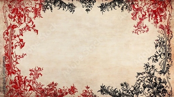 Fototapeta Red Black Floral Frame with Grunge Texture.