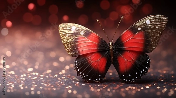 Fototapeta Red butterfly with glitter background.