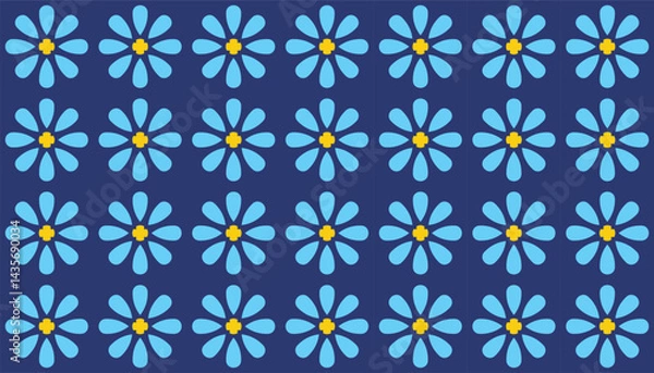 Fototapeta Cute seamless floral pattern featuring blue cartoon flowers with yellow centers on a navy blue background. Perfect for children's designs, spring themes, textiles, and cheerful packaging