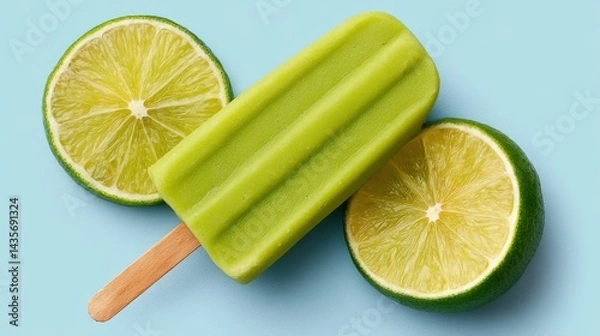 Fototapeta Green lime popsicles with lime slices on light wooden surface vibrant summer refreshment frozen dessert ice treat vitamin c visual for healthy eating and snack idea stock image
