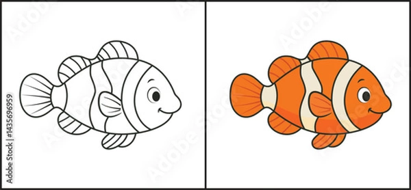Obraz  Fish coloring pages for kids. Painting for kindergarden and elementary school children. children's activity sheet. cute Illustration to color.