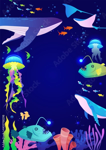 Obraz Marine frame. Underwater world. World oceans day. Vector cartoon illustration.