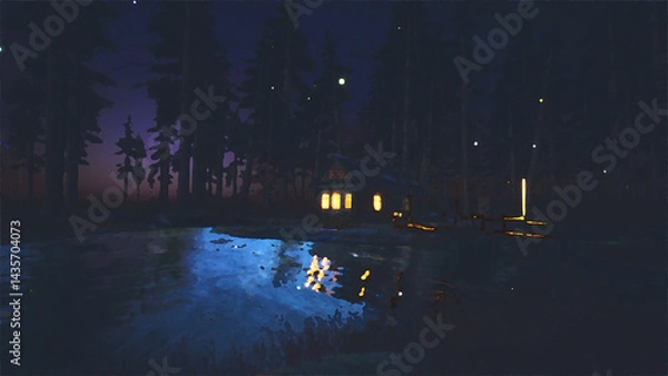 Fototapeta 蛍が舞う湖のそばの小さな家_油絵風