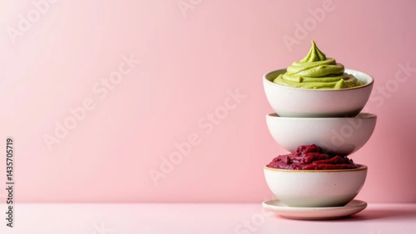 Obraz A pyramid of bowls with Mediterranean food, including hummus, pita, and fresh vegetables on a pink background.