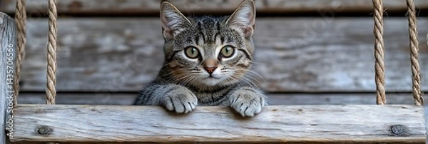 Fototapeta Tabby Kitten on Rustic Wooden Swing Set
