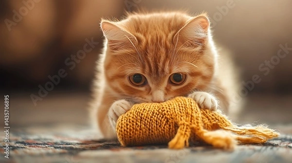 Fototapeta Playful ginger kitten with knitted toy on carpet.  Possible use pet photography