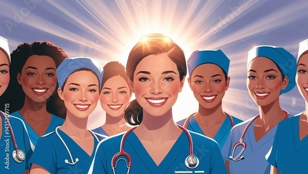 Obraz Stylized image of a diverse team of nurses in matching scrubs, smiling with warmth and compassion, one in the front with a bright glow effect behind her. The background features soft, radiant light wi