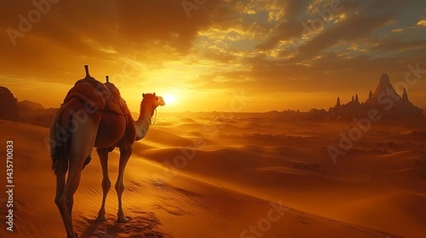 Fototapeta Camel in desert at sunrise, exploring, golden hour