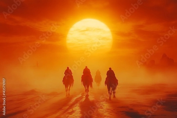 Fototapeta Desert travelers at sunset, silhouettes of riders on camels in a hazy, warm-toned landscape, potential stock use