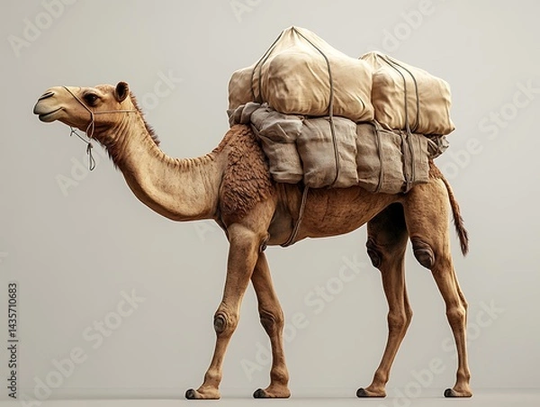 Fototapeta Desert camel carrying heavy bags, side view, studio shot, for educational use