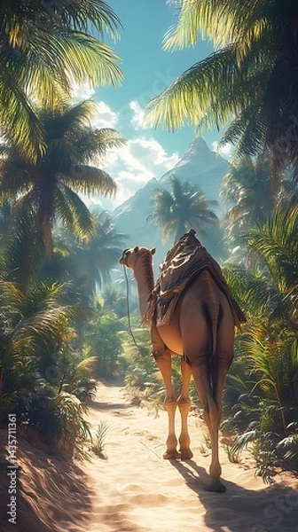 Fototapeta Camel on a Path through a Tropical Oasis