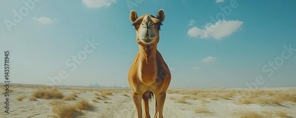 Fototapeta Desert Camel Facing Camera, City Skyline Background, Sunny Day, Stock Photo