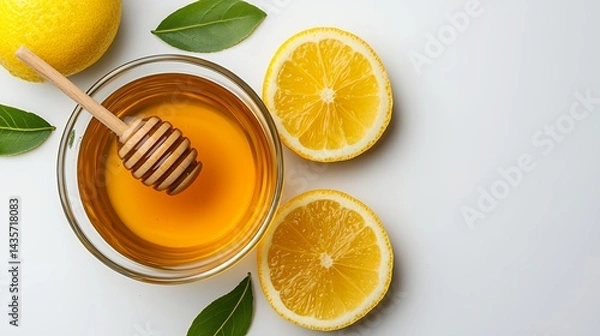Fototapeta Honey, Lemon, and Bay Leaves on White Background