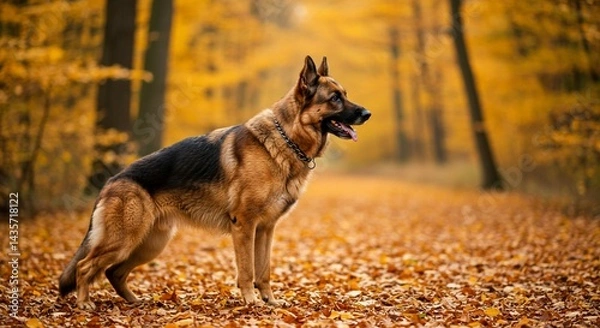 Fototapeta Alert Shepherd in Autumn Forest